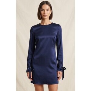 Sandro Paris Stunning Navy Satin Shift Dress w/ Dramatic V-Back & Tie Cuffs EUC